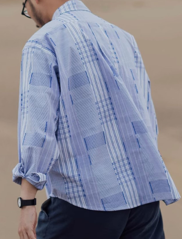 무료배송 해외 수입  스트라이프 스티치 패치워크 체크 셔츠  얇은 시원한  루즈핏 오버핏 봄 여름 간절기 캐주얼