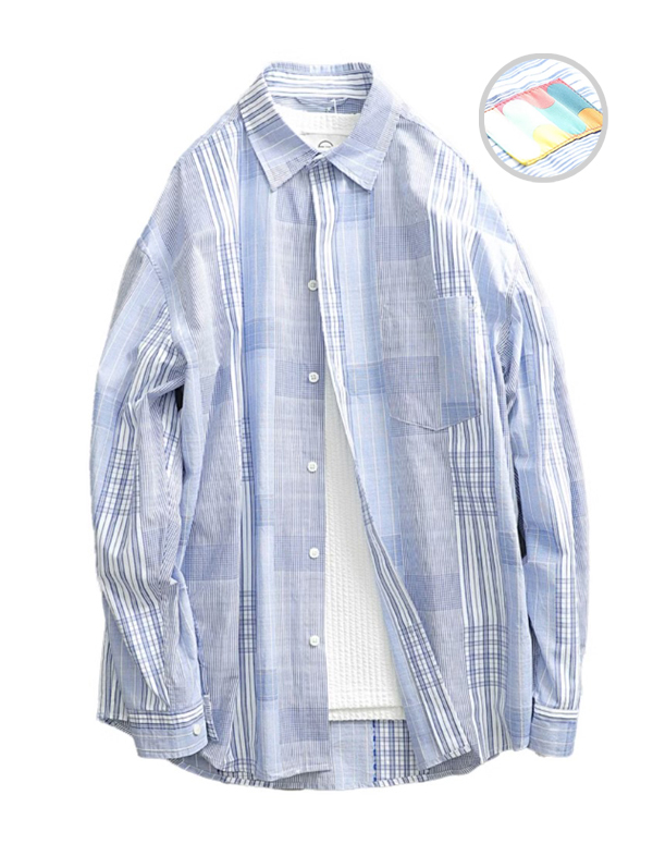 무료배송 해외 수입  스트라이프 체크 셔츠 자켓 패치워크 비대칭 패치 루즈핏 오버핏 봄 여름 간절기 캐주얼