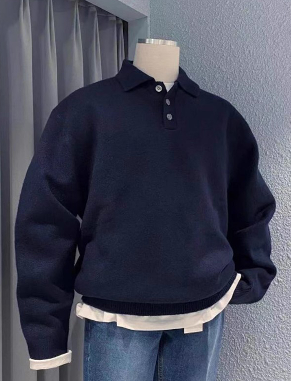 무료배송 해외 수입 니트티  카라넥 폴로 긴팔 셔츠 스웨터 모던 심플 루즈핏 두꺼운 따뜻한 캐주얼 스웨터 가을 겨울