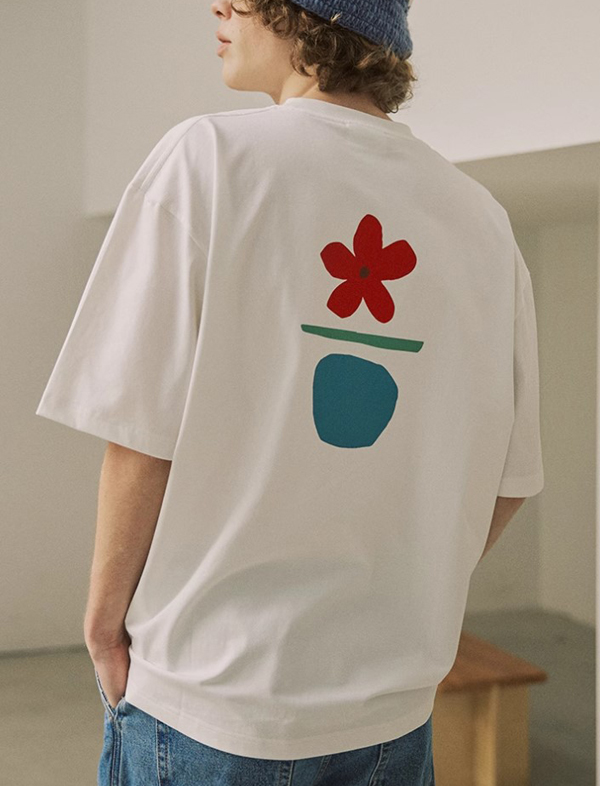 무료배송 해외 수입 반팔티 티셔츠 프린트 대나무 면 나염  캐주얼 그래픽 250 g 루즈핏 캐주얼 여름  일본식 심플 핸드페인팅 컨셉 꽃병 프린트